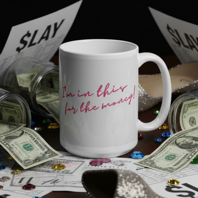 White mug reading “I'm in this for the money!” amid dollar bills, gems, and glittery heels