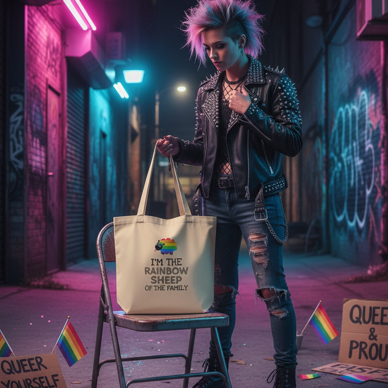 Person in a studded leather jacket holds a tote reading “I’M THE RAINBOW SHEEP OF THE FAMILY”