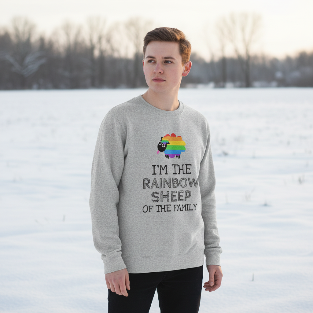 Person wearing a gray sweatshirt with a rainbow sheep and “I’M THE RAINBOW SHEEP OF THE FAMILY”