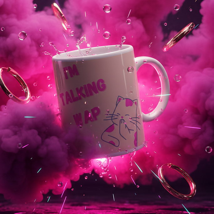 White mug reading “I'M TALKING WAP” with a pink-accented cartoon cat, tilted amid pink smoke