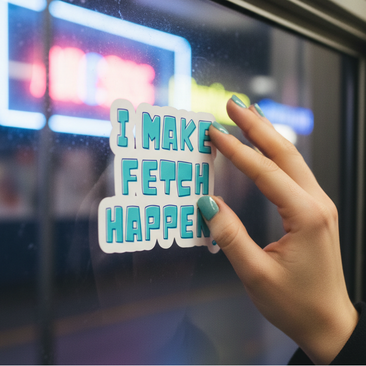 I Make Fetch Happen! Bubble-Free Sticker in bold blue and white vinyl, set with neon lights