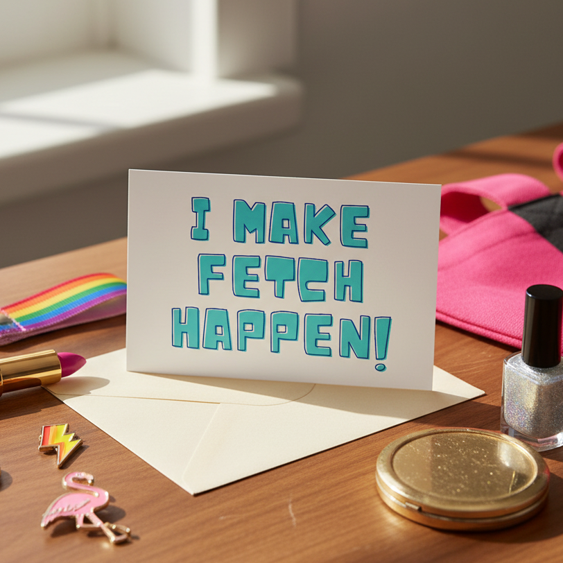 I Make Fetch Happen! postcard with bold blue lettering on an envelope, circled by pride stickers, rainbow ribbon