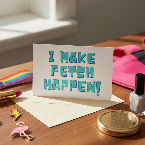I Make Fetch Happen! postcard with bold blue lettering on an envelope, circled by pride stickers, rainbow ribbon