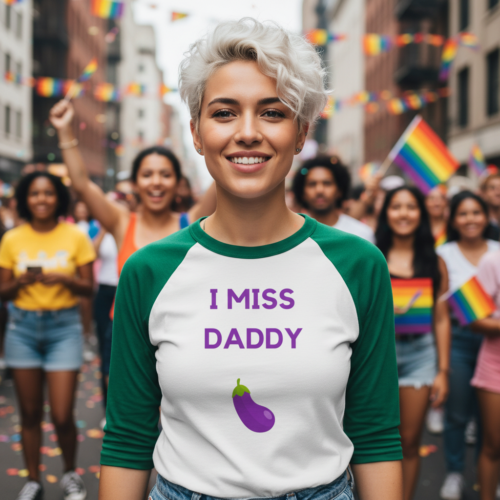 3/4 sleeve raglan shirt reading "I Miss Daddy" with eggplant emoji, worn at an LGBTQ+ pride parade