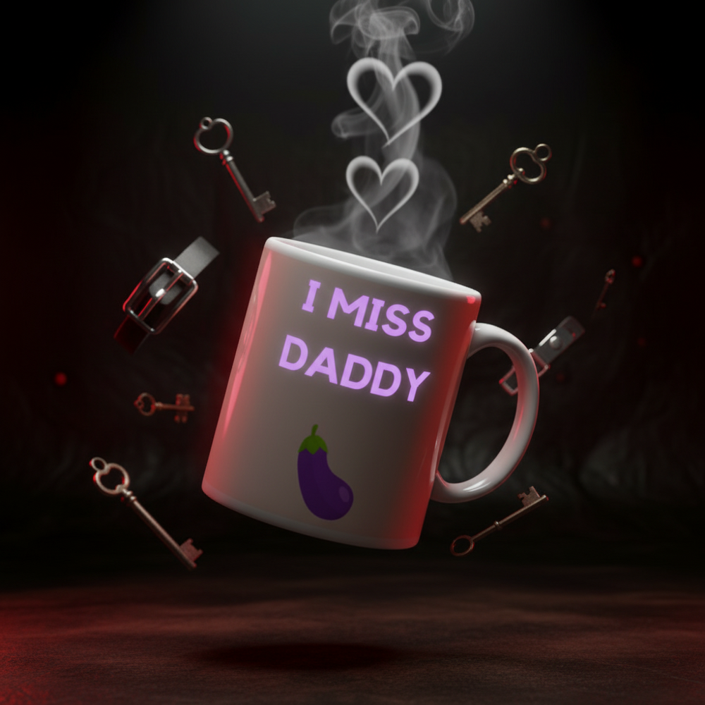 Floating white mug reading “I MISS DADDY,” with an eggplant graphic and heart-shaped steam