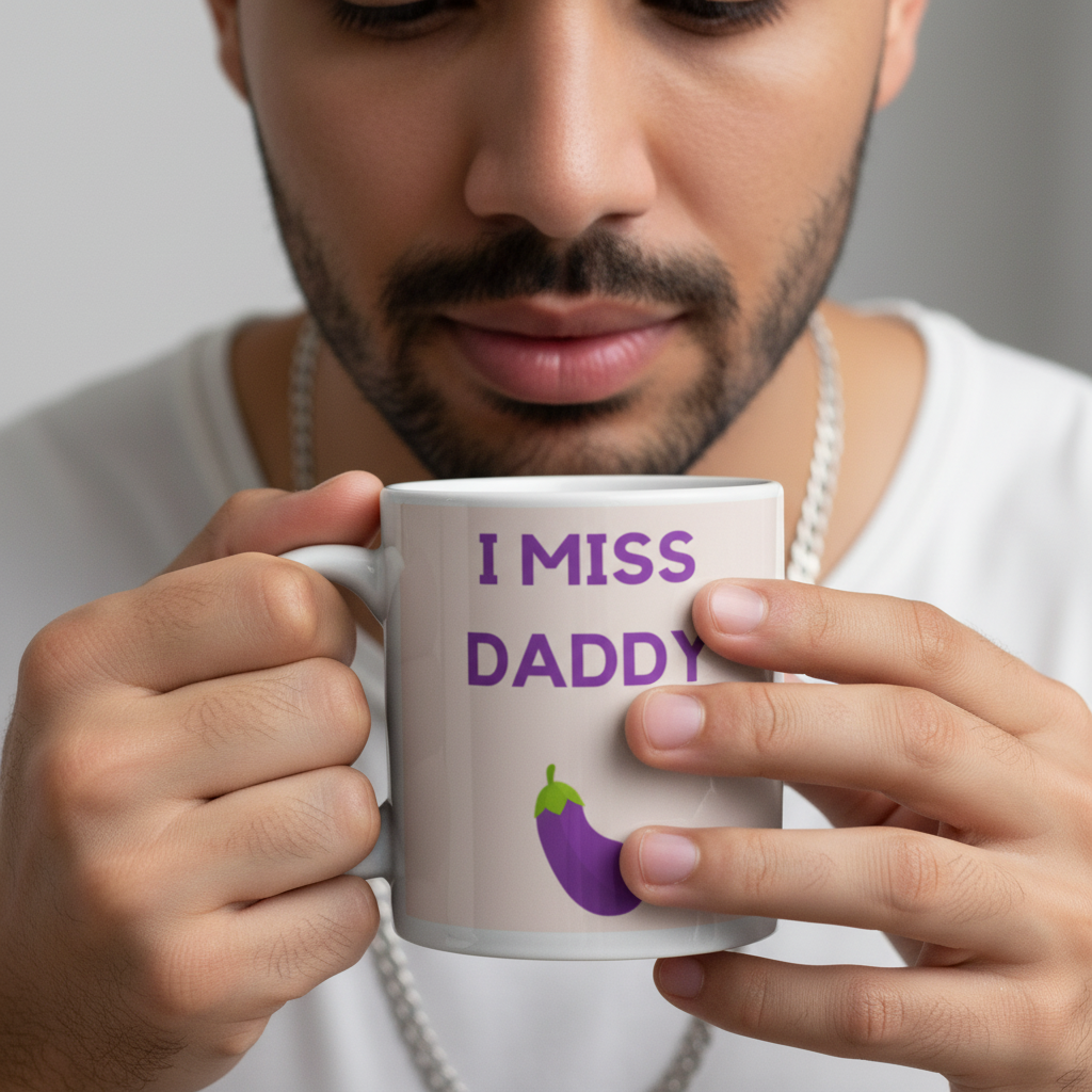 Person holding a white mug reading “I MISS DADDY” with a purple eggplant graphic
