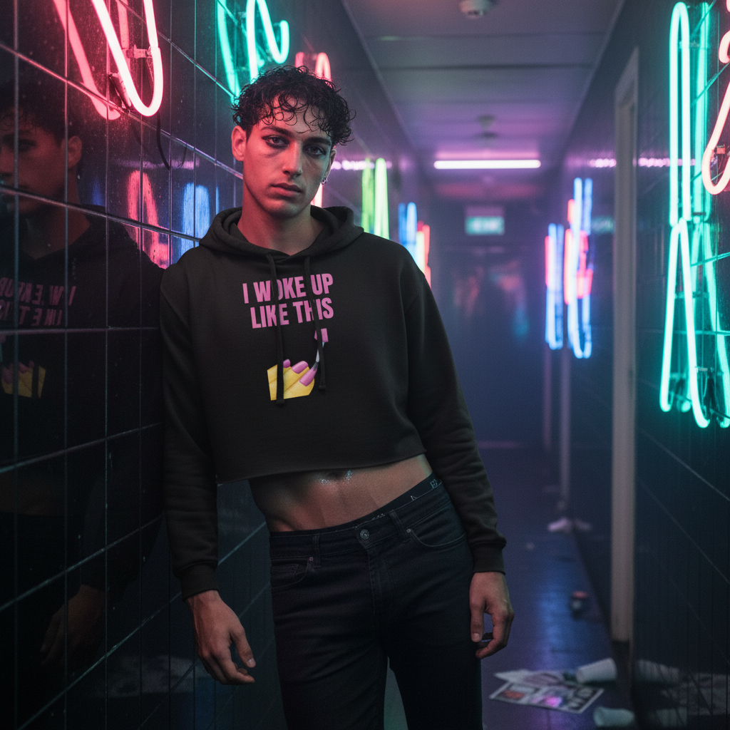 I Woke Up Like This crop hoodie with bold text and a yellow graphic, worn by a curly-haired person in neon-lit mirrors