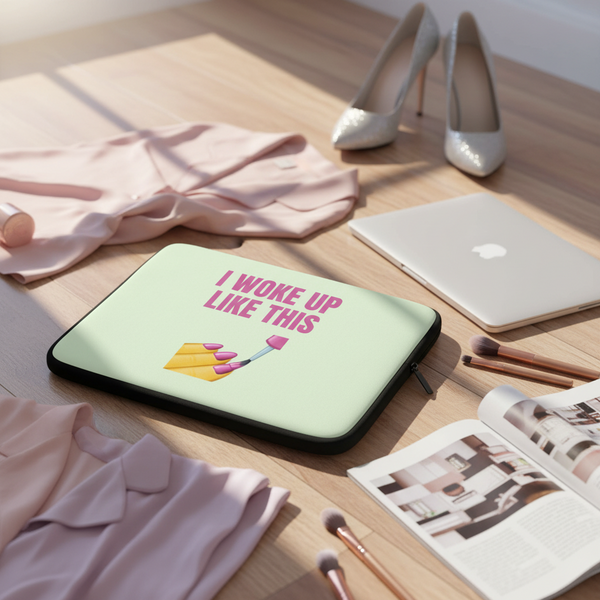 “I Woke Up Like This” pastel laptop sleeve with makeup icons, shown with laptop, pink clothes, heels, mag