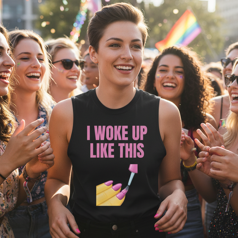 Muscle top with “I Woke Up Like This” and nail polish graphic