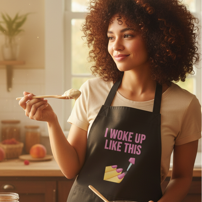 Curly-haired person in a kitchen wearing a black apron reading “I WOKE UP LIKE THIS”