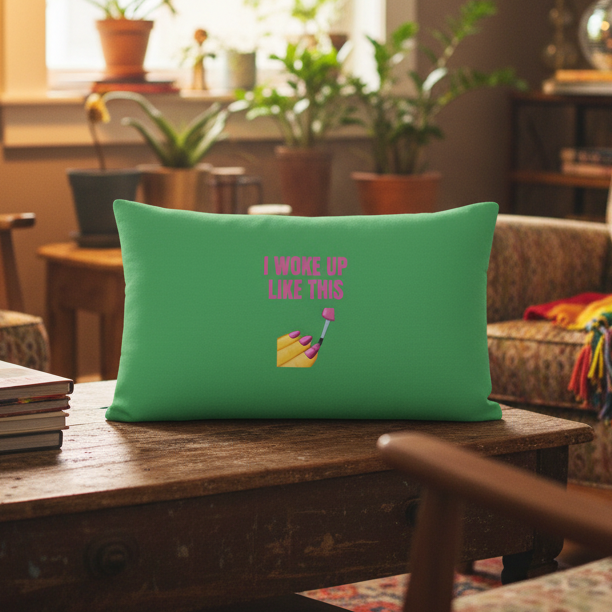 Green "I Woke Up Like This" pillow with a nail polish emoji adds queer style to a cozy