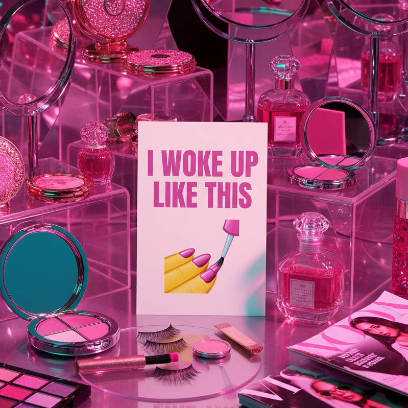 I Woke Up Like This postcard shows a hand painting pink nails with bold text, pink makeup, mirrors, perfume