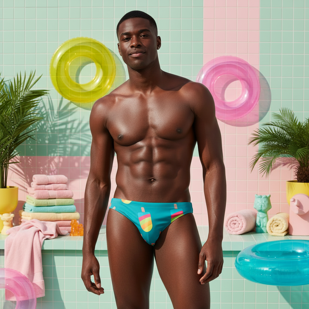 Ice Cream Stick Creamy Boy swim briefs on a fit guy, poolside with pastel towels, floaties, palm plants, and pink tiles