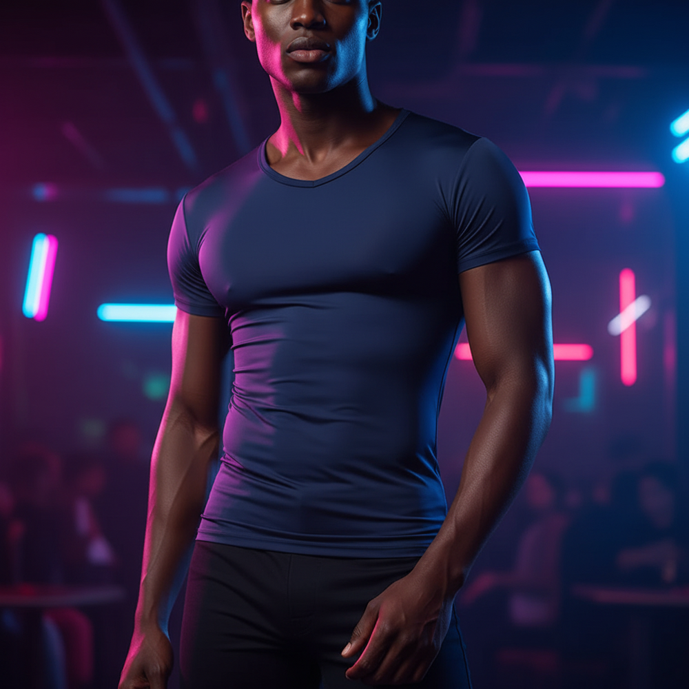 Front-view model wearing a fitted navy short-sleeve T-shirt under neon pink and blue lighting