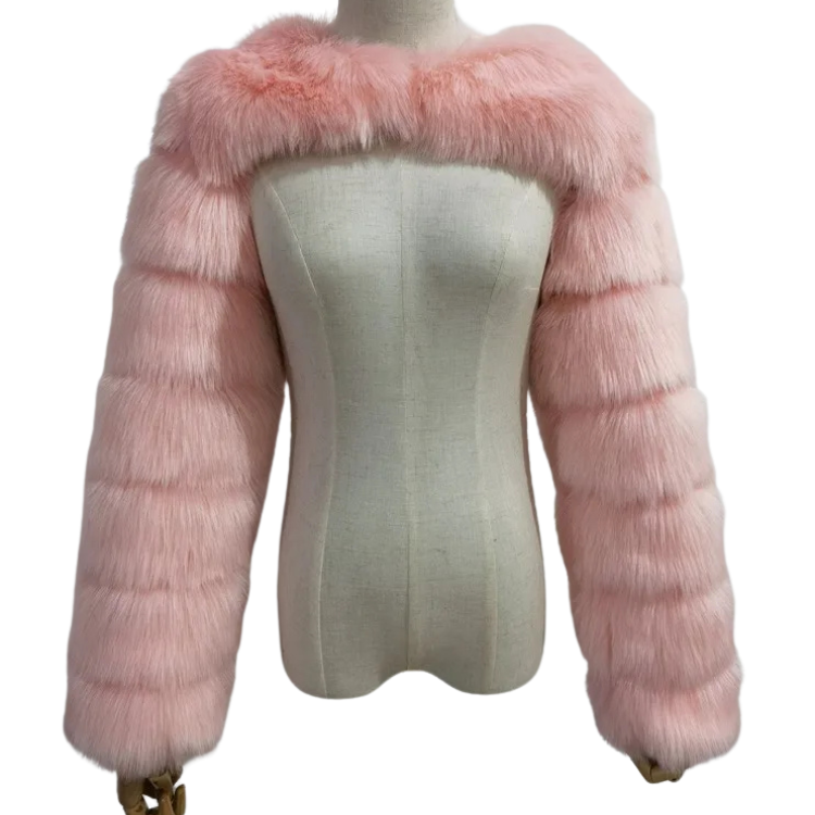 Pink faux-fur cropped shawl jacket with long sleeves on a mannequin