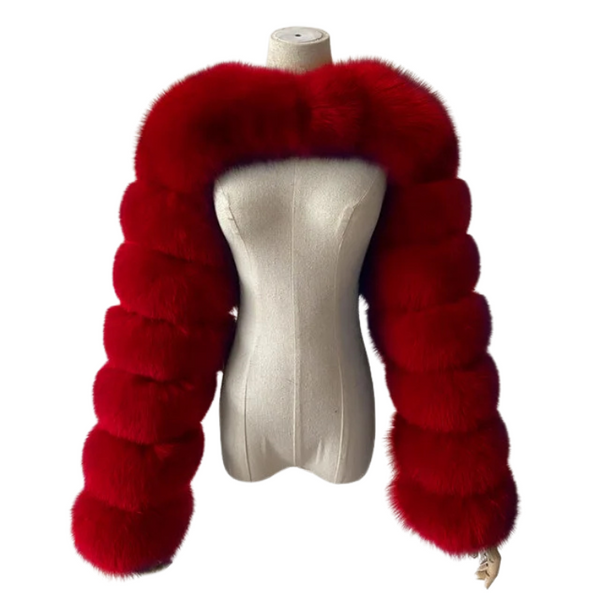 Red faux-fur cropped shawl jacket displayed on a torso mannequin