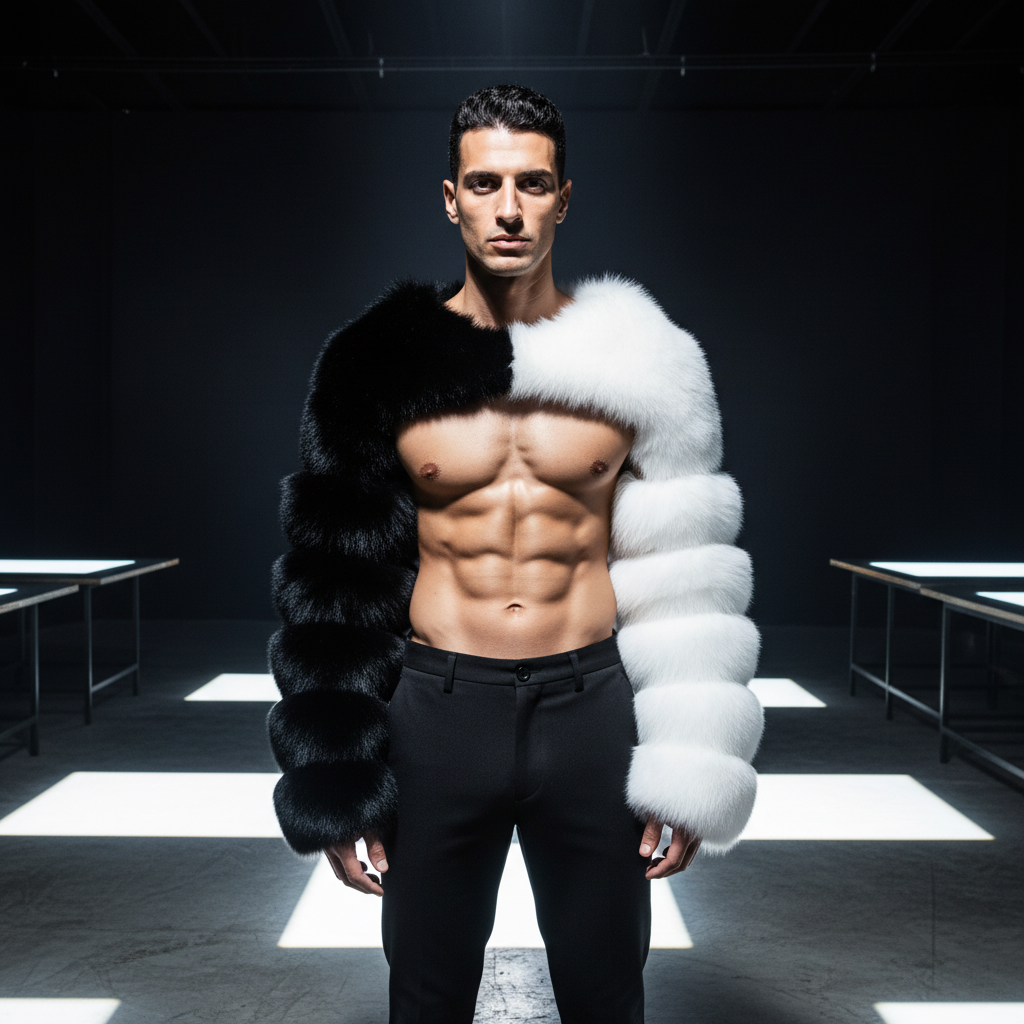 Shirtless muscular person in dim light, wearing black pants and the Iconic Faux Fleece Cropped Shawl Top