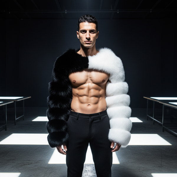 Shirtless muscular person in dim light, wearing black pants and the Iconic Faux Fleece Cropped Shawl Top