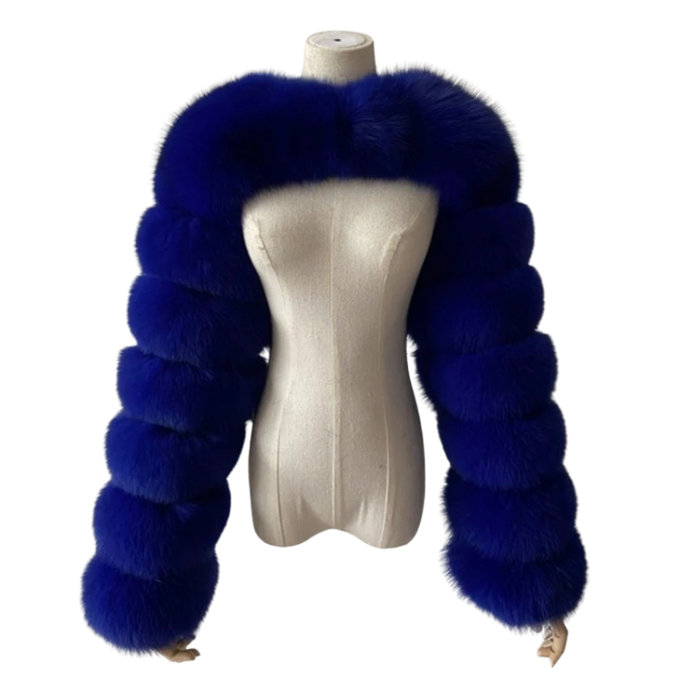 Front view of a deep royal-blue faux-fur cropped shawl top on a mannequin