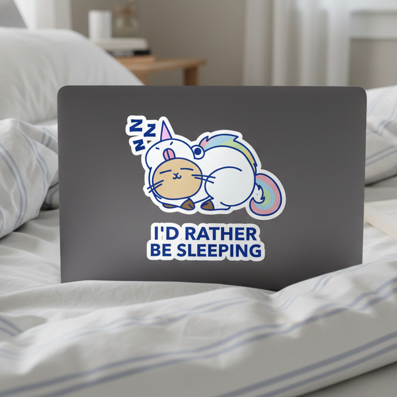Bubble-free "I'd Rather Be Sleeping" sticker of a rainbow-tailed cat-unicorn in blue and purple on laptop