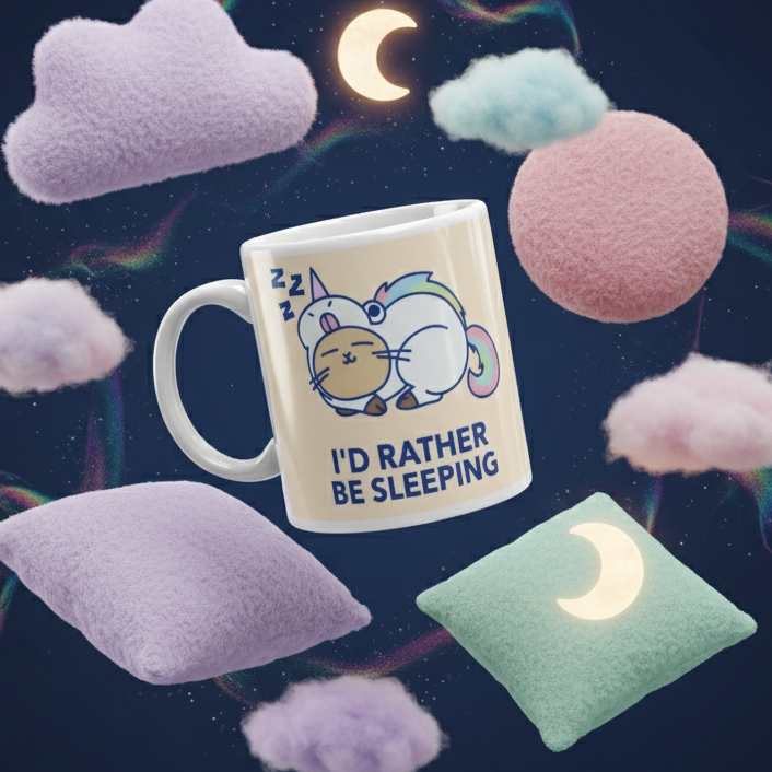 White mug angled toward camera with sleeping cat-unicorn and “I'D RATHER BE SLEEPING” text