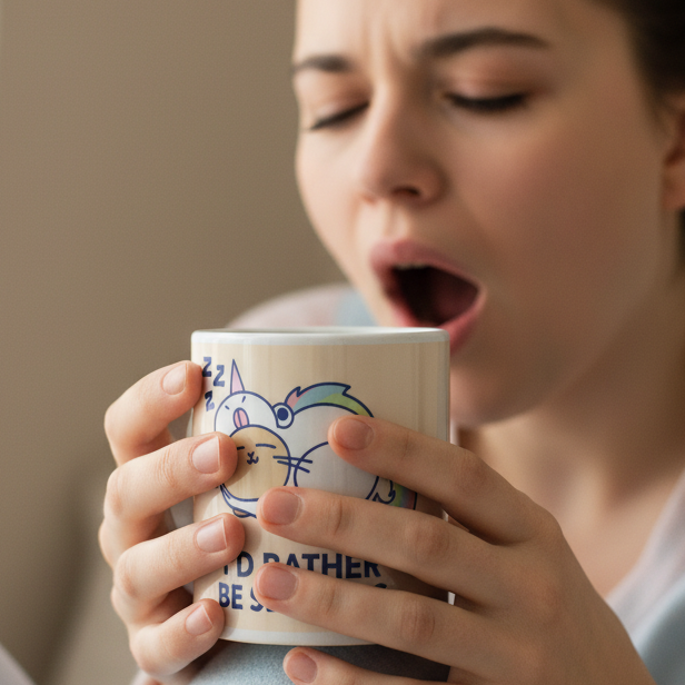 Person holding white ceramic mug with sleepy cartoon cat; mug with “I'd Rather Be Sleeping” design