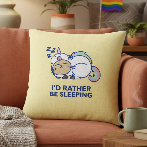 Yellow cushion with cartoon cat-unicorn sleeping under "Zzz," “ID RATHER BE SLEEPING” text, and rainbow accents