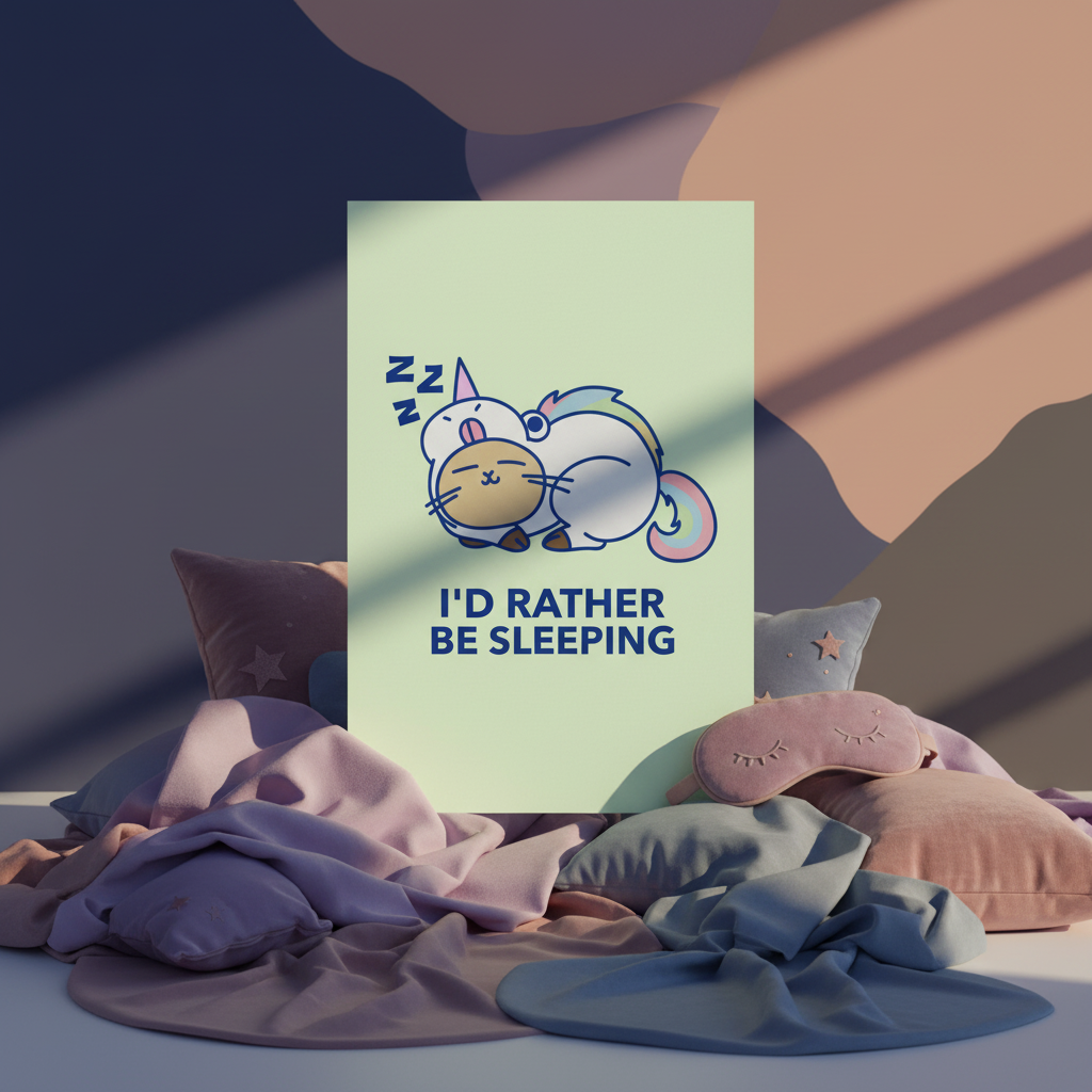 Id Rather Be Sleeping postcard with a cartoon caticorn and playful text