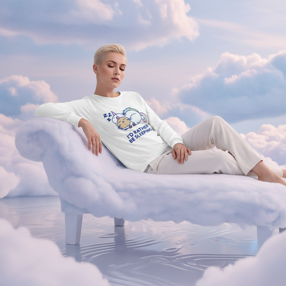 Person in I'd Rather Be Sleeping unisex long sleeve tee with cartoon cat-unicorn, lounging on cloud-like sofa