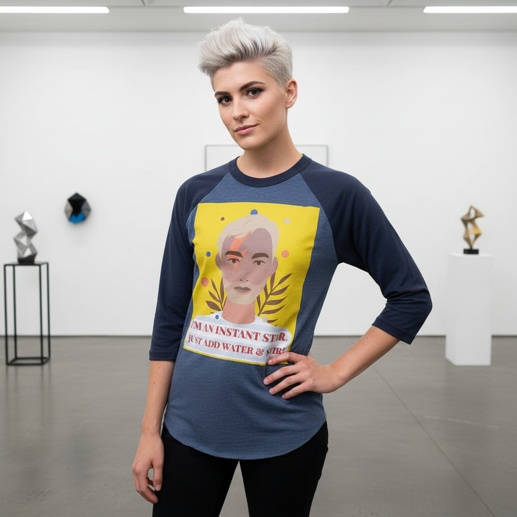 I'm An Instant Star 3/4 Sleeve Raglan Shirt with bold, colorful face artwork