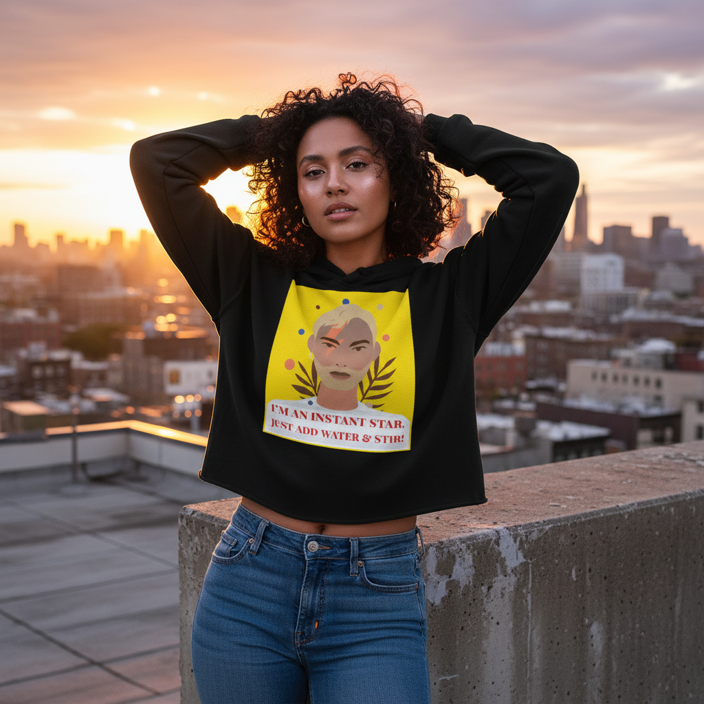 I'm An Instant Star" crop hoodie with stylized face and text: IM AN INSTANT STAR. JUST ADD WATER & STIR! at sunset rooftop.