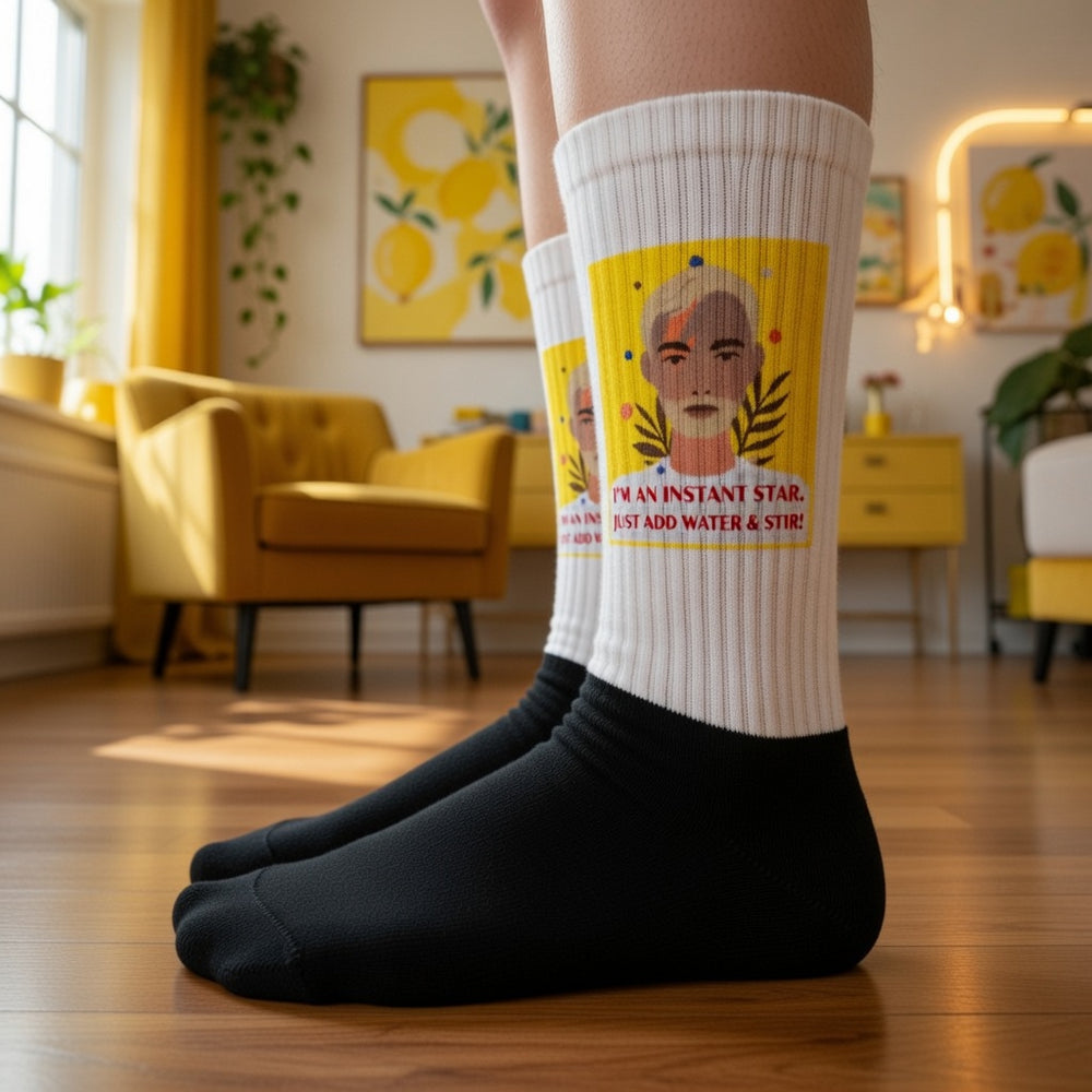 Close-up of black-and-white socks with a yellow portrait panel and slogan on feet