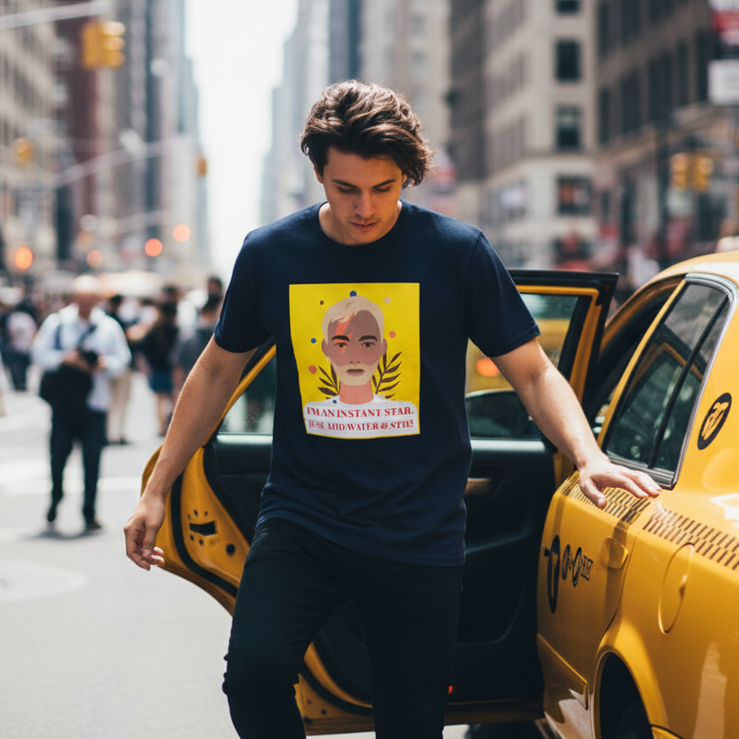 Navy blue LGBT t-shirt with “Im An Instant Star” text and a white-haired portrait