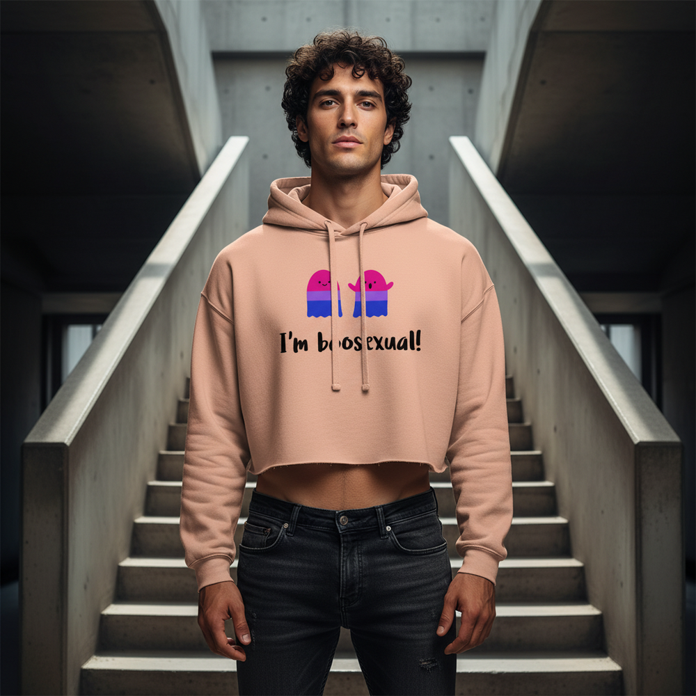 “Im Boosexual Crop Hoodie” in soft fabric, with two whales kissing in bisexual flag colors