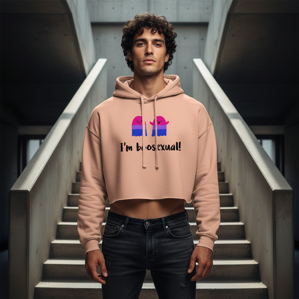 “Im Boosexual Crop Hoodie” in soft fabric, with two whales kissing in bisexual flag colors