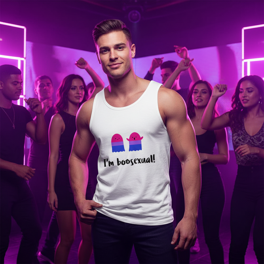 “Im Boosexual Muscle Top” with cartoon ghosts, worn by a smiling person