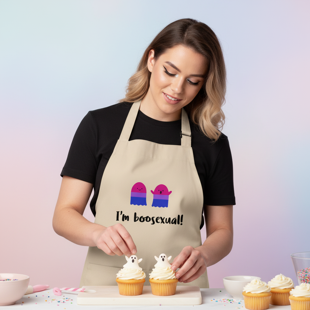 Person decorating ghost-topped cupcakes while wearing a beige “I’m boosexual!” apron