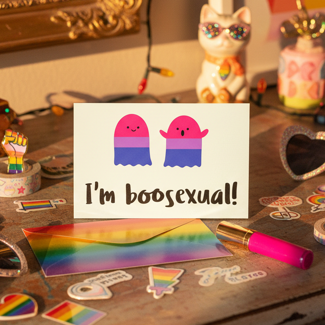 I'm Boosexual Postcard shows two adorable ghosts in bi flag colors on a festive desk with queer postcards, pride stickers