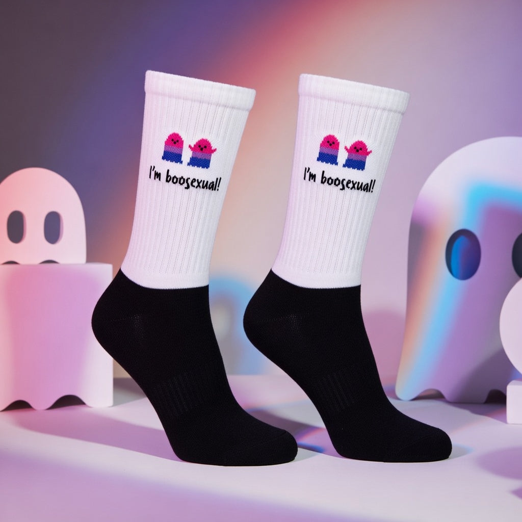 Crew-length “Im Boosexual!” socks feature white uppers, black soles, and cute cartoon ghosts