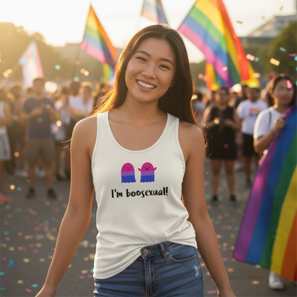 Unisex tank top with “I’m boosexual!” and two ghosts, worn by a smiling queer parade-goer amid rainbow flags and confetti.