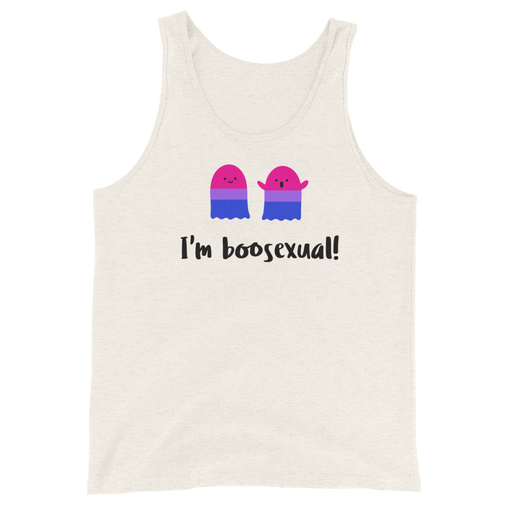 Unisex cream tank top with two adorable bisexual flag ghosts and the cheeky slogan "I'm boosexual!" printed underneath.