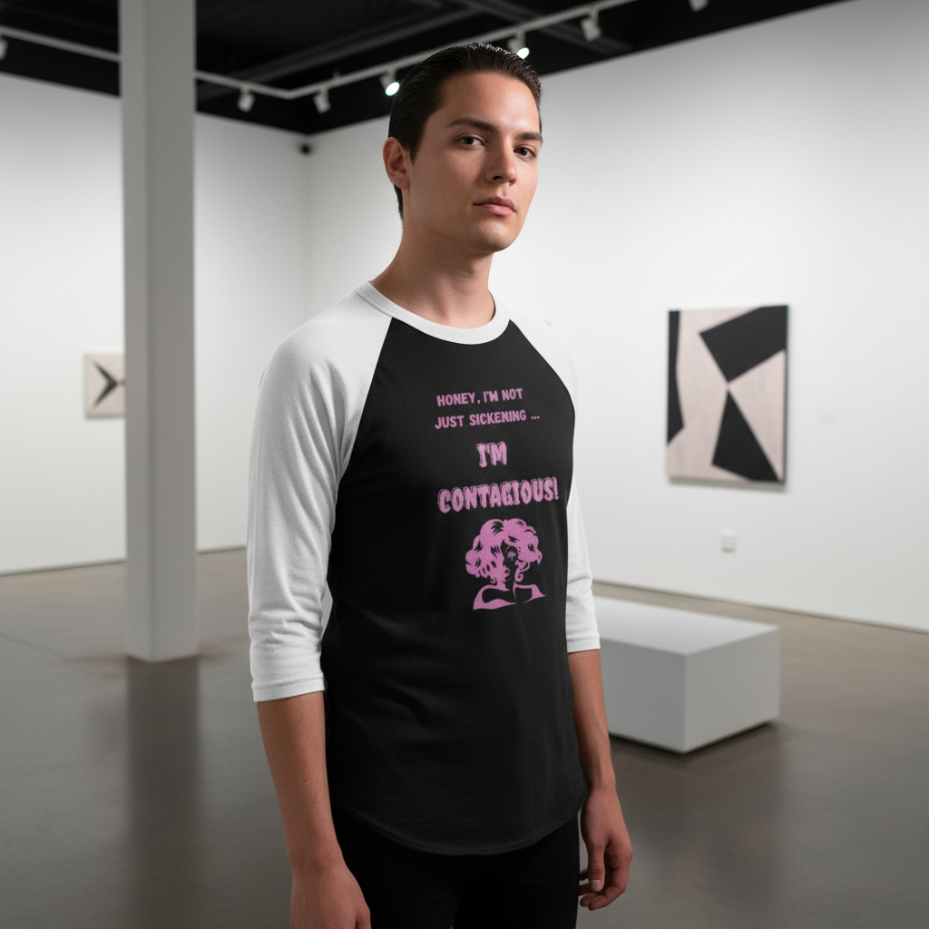 I'm Contagious" 3/4 sleeve raglan shirt—black and white pride tee with “Honey, I’m not just sickening… I’M CONTAGIOUS!”.