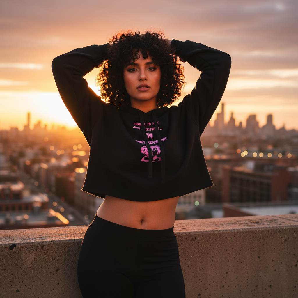 I'm Contagious crop hoodie in black, worn with leggings, model with curly hair posing at sunset on a city rooftop