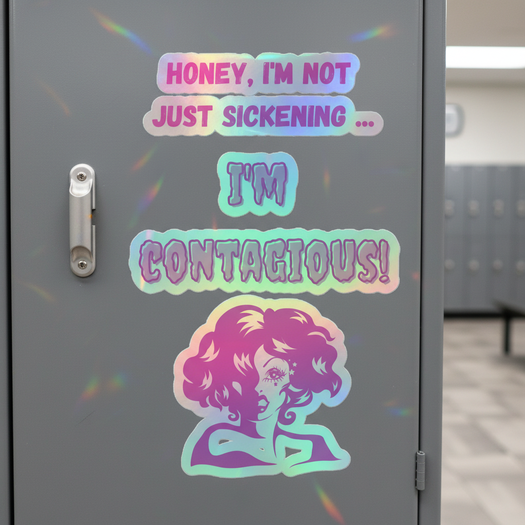 I'm Contagious" holographic stickers on a gray locker, slogan "HONEY