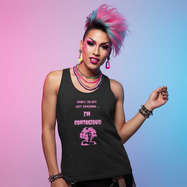 I'm Contagious Unisex Tank Top in bold pink text, worn by a queer babe with a pink-blue mohawk and colorful makeup