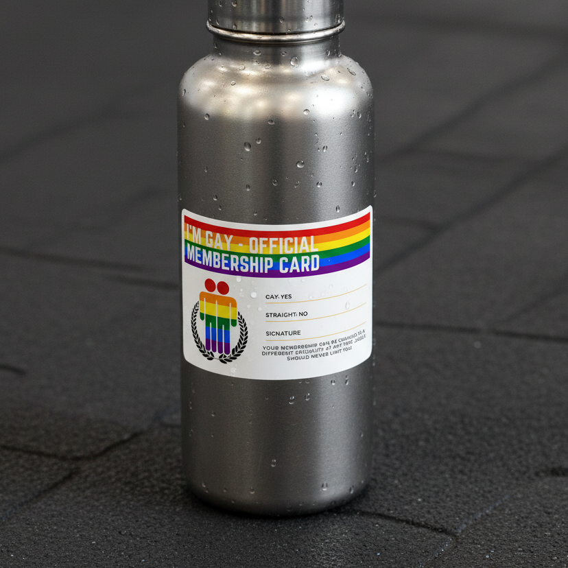Silver water bottle on dark surface, repping the “Im Gay Official Lifetime Membership” sticker with rainbow stripes