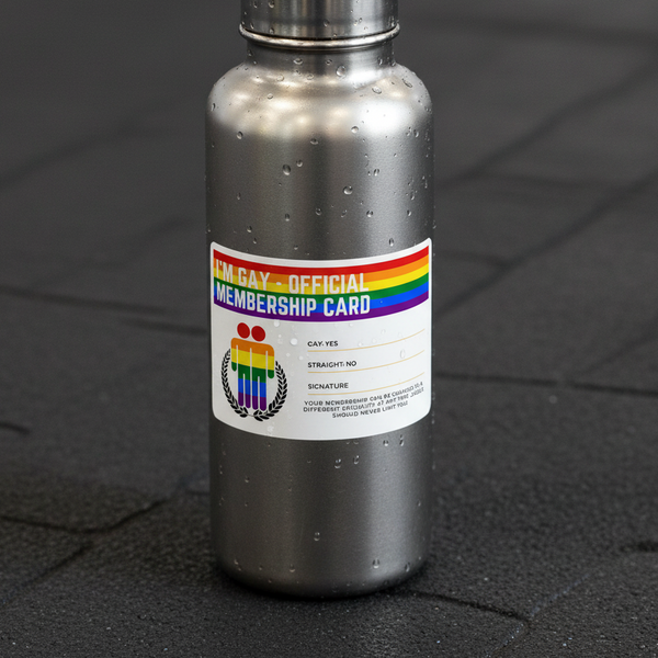 Silver water bottle on dark surface, repping the “Im Gay Official Lifetime Membership” sticker with rainbow stripes