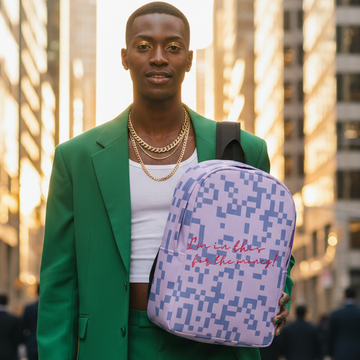 “Im In This For The Money Minimalist Backpack” in bold red text, held by a person in a green suit at sunset city street