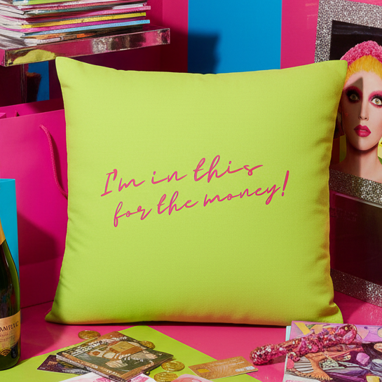 Lime green pillow with pink script reading “I’m in this for the money!”