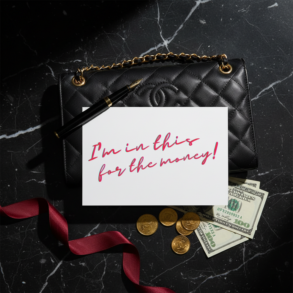 “Im In This For The Money” postcard on marble with bold red script, next to black quilted purse, gold chain, fountain pen